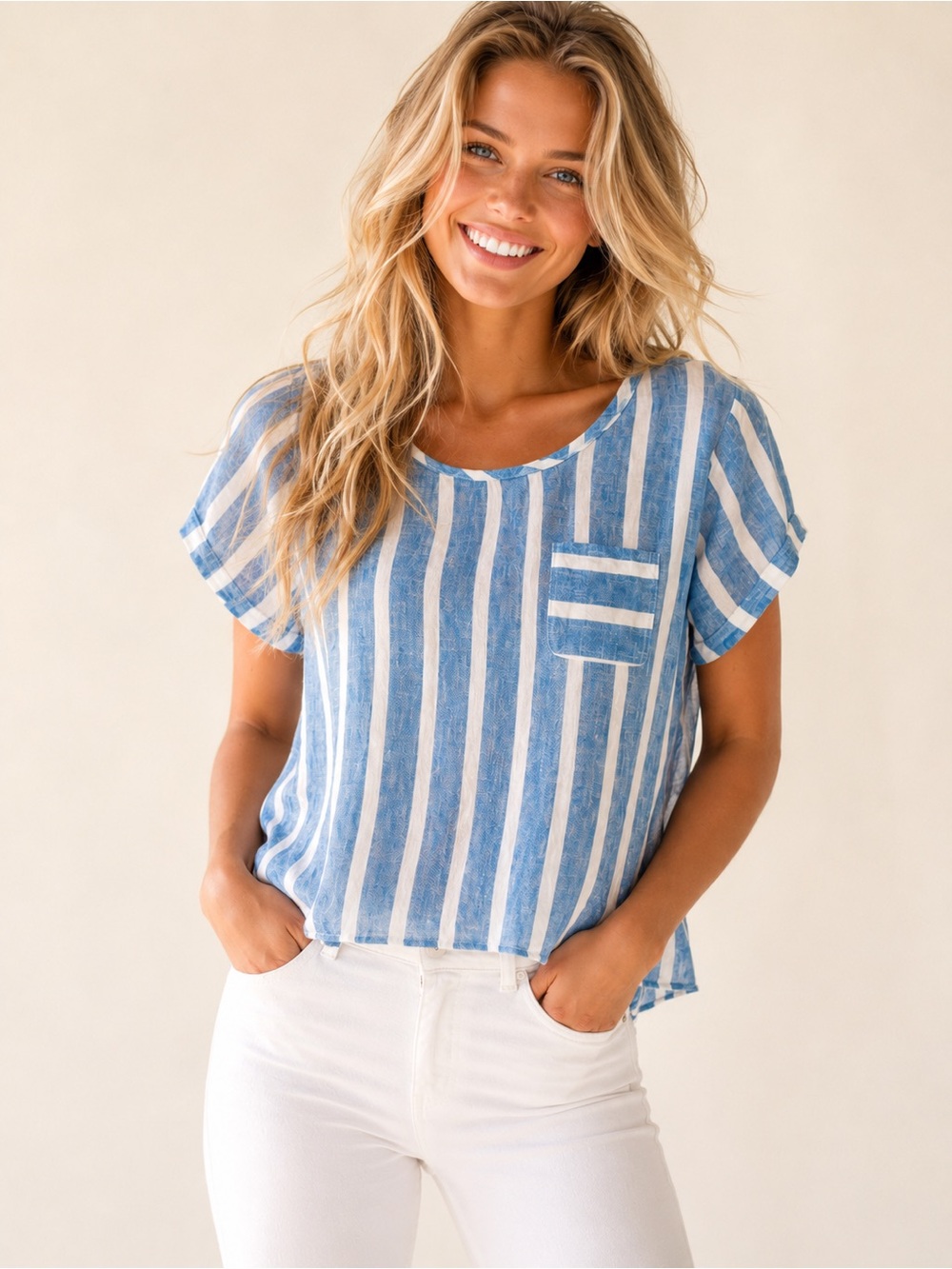Christian Siriano 100% Linen Blouse Striped Blue Preppy Quiet Luxury Resort Boho